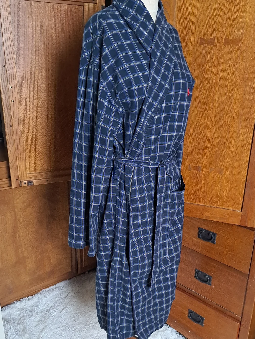 Vintage Polo Ralph Lauren Plaid Cotton Robe S/M Blue Green Sleepwear